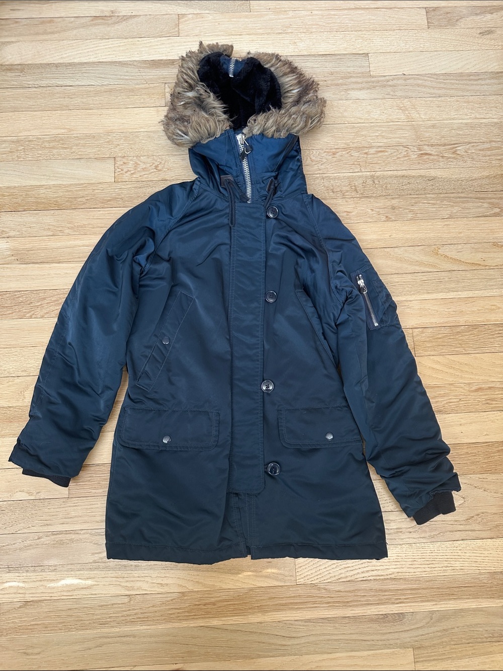 GAP Navy Hooded Faux-Fur Trimmed Winter Coat - XS Petite